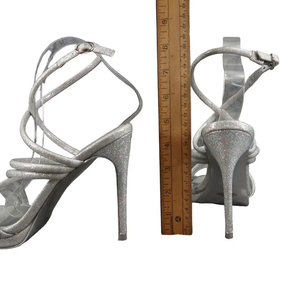 Nine West Shoes Womens 8 Heeled Sandal Ankle Strap Pumps Platform Silver Glitter